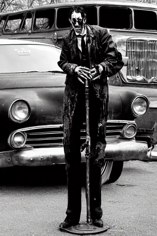 Image similar to A zombie gentleman with a cane stands in the picture near a retro car