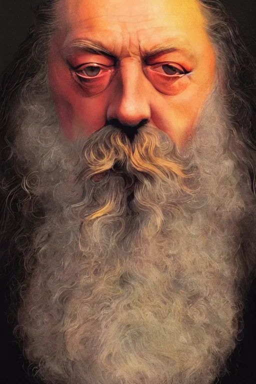 Image similar to a close-up portrait of Alan Moore, dramatic backlighting, golden hour, autochrome, high contrast, highly detailed, sharp focus, digital painting, concept art, illustration, rock, chiaroscuro, trending on artstation, art by greg rutkowski and michelangelo, composition by Raphael and Caravaggio