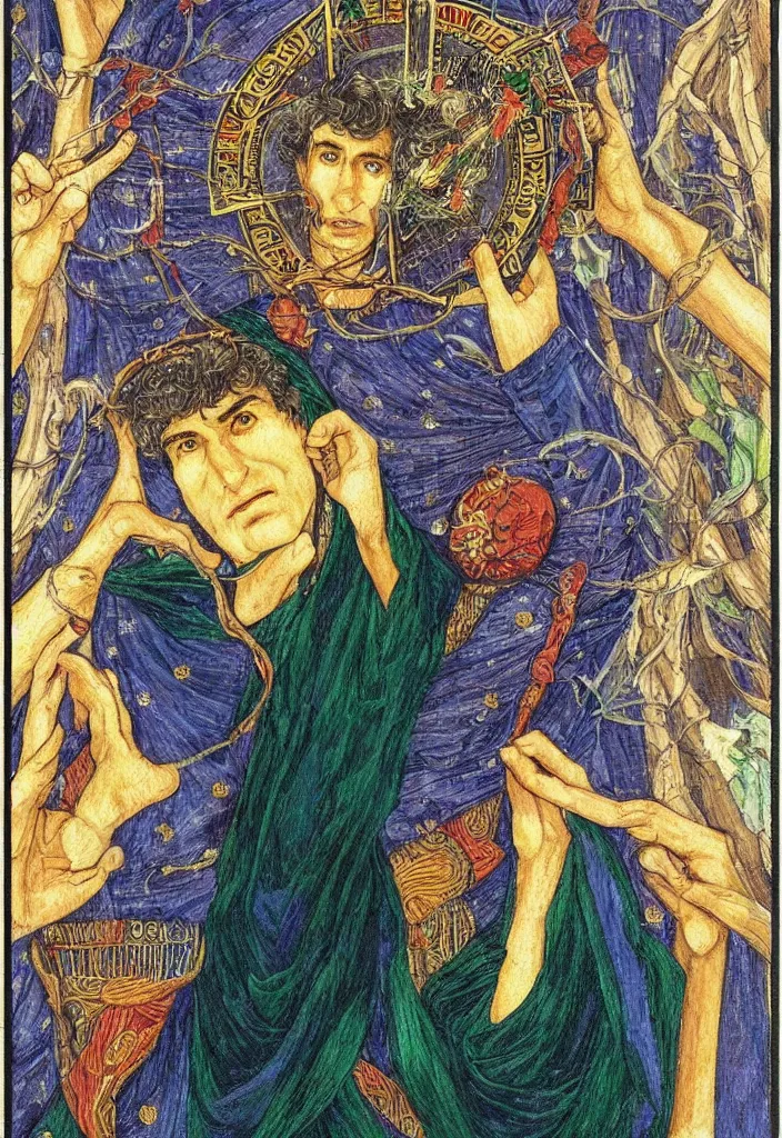 Image similar to Yoshua Bengio on the Tarot card. Illustration by preraphaelists