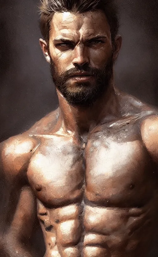 Image similar to Portrait of a rugged ranger sitting down, male, muscular, straight nose!!!, detailed face, handsome face, bare thighs!!!, simple clothing!!!!!, fantasy, medieval, highly detailed, cinematic lighting, digital art painting by greg rutkowski