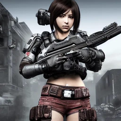 Image similar to anime girl in Gears of War, highly detailed, high quality, HD, 4k, 8k, Canon 300mm, professional photographer, 40mp, lifelike, top-rated, award winning, realistic, sharp, no blur, edited, corrected, trending