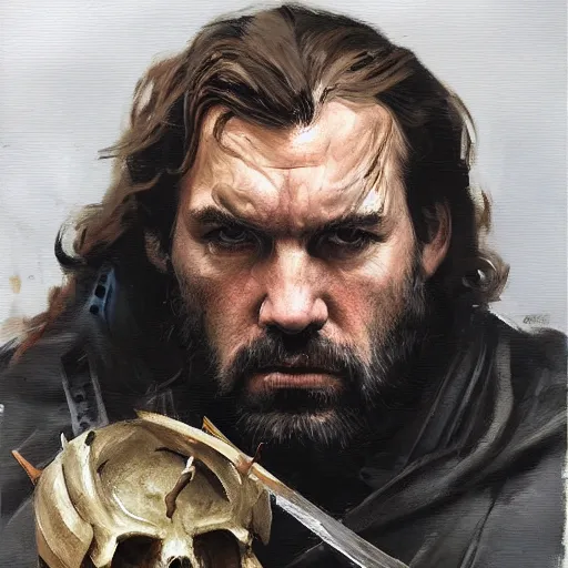 Image similar to greg manchess portrait painting of the hound from game of thrones holding a skull as overwatch character, medium shot, asymmetrical, profile picture, organic painting, foggy day, matte painting, bold shapes, hard edges, street art, trending on artstation, by huang guangjian and gil elvgren and sachin teng