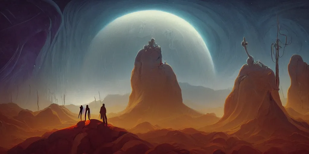 Image similar to the cult of pluto, a highly detailed cinematic oil painting by roger dean and alena aenami, hooded figures, dynamic lighting