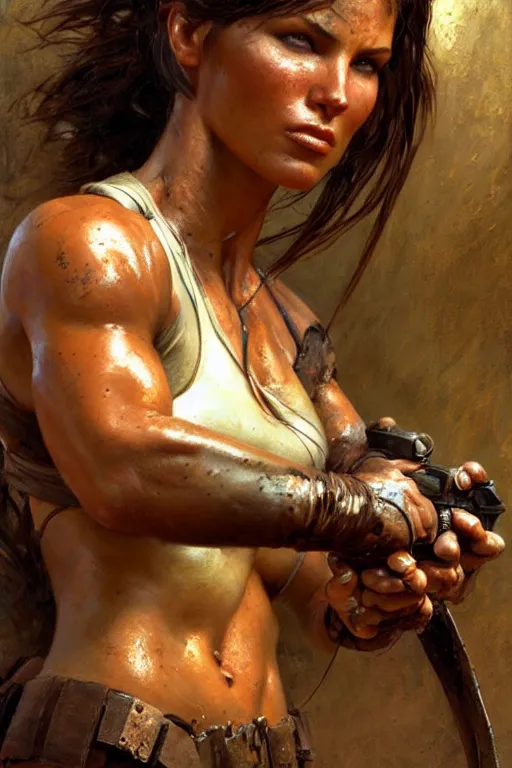 Image similar to muscular sweat lara croft, covers with mud exhausted face close up, highly detailed painting by gaston bussiere, craig mullins, j. c. leyendecker 8 k