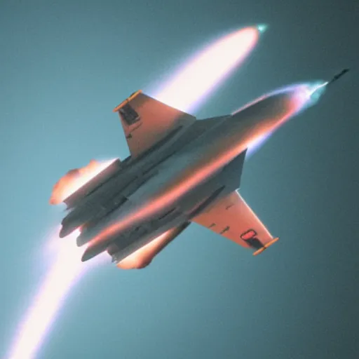 Image similar to cinematic areal shot of a fighter jet exploding from the energy wave