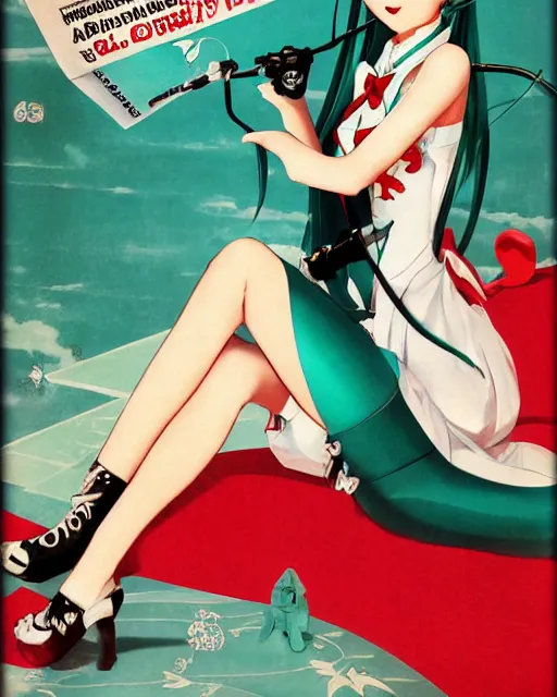 Image similar to Hatsune Miku full body pin up modeling in idol unioform, with a park in the back ground, post war style, detailed face, american postcard art style, by Gil Elvgren