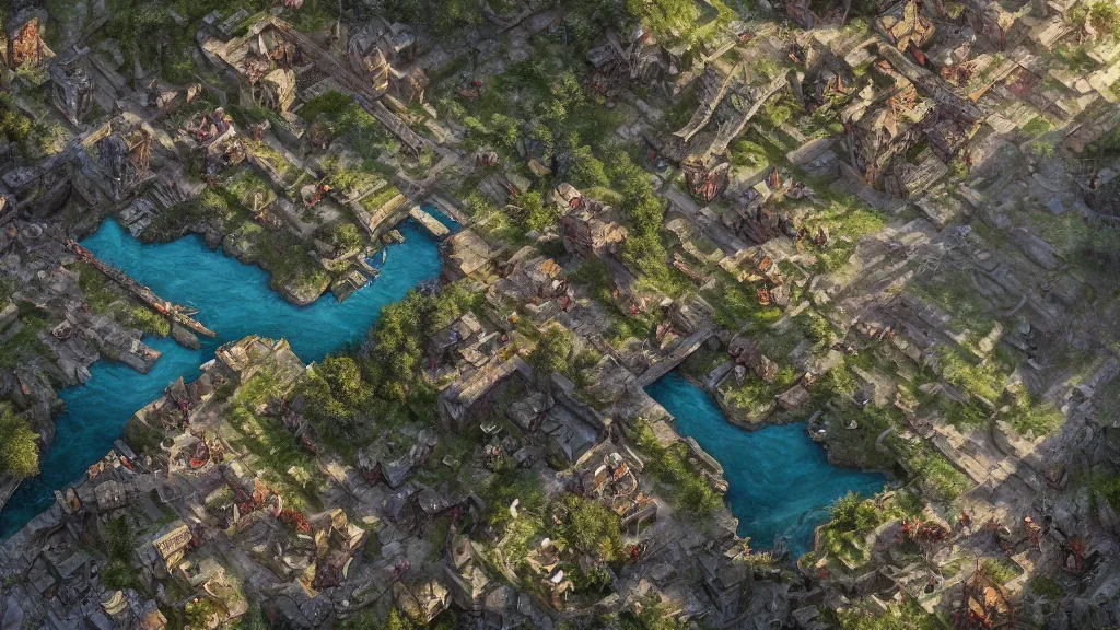 Prompt: a Photorealistic hyperrealistic render of a birdseye view looking down at a shadycreek run, a medieval town, dungeons and dragons, by Greg Rutkowski,Vitaly Bugarov,Stephan Martiniere,Nicolas Bouvier SPARTH,James Paick,dramatic moody sunset lighting,long shadows,Volumetric, cinematic atmosphere, Octane Render,Artstation,8k