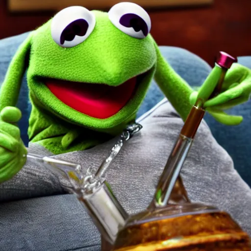 Image similar to candid photo of kermit the frog sitting on the couch smoking out of a bong, kermit the frog in ted ( 2 0 1 2 ) bong rip, kermit the frog, high resolution photo, trending on artstation, interior design, bong rip,