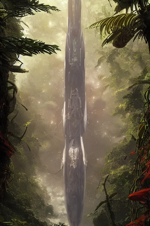 Prompt: a view of a frigate space ship in a magical tropical rain forest, D&D, fantasy, intricate, cinematic lighting, highly detailed, digital painting, artstation, concept art, smooth, sharp focus, illustration, art by Terry Moore and Greg Rutkowski and Alphonse Mucha