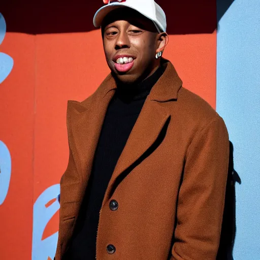 Prompt: tyler the creator wearing a brown coat