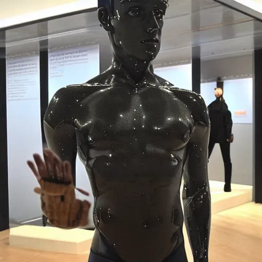 Image similar to “a realistic detailed photo of a guy who is an attractive humanoid who is half robot and half humanoid, who is a male android, British diver Tom Daley, shiny skin, posing like a statue, blank stare, at the museum, on display”