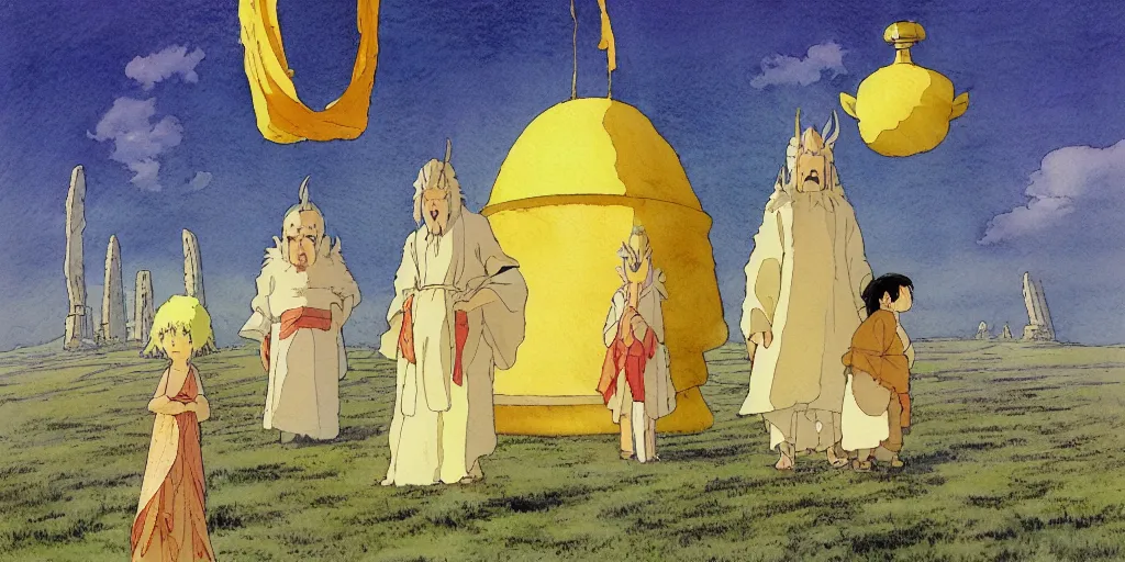 Image similar to a hyperrealist studio ghibli watercolor fantasy concept art of a giant chinese god and a small grey alien with a yellow robe in stonehenge in the early morning. a giant gold ufo is floating in the air. by rebecca guay, michael kaluta, charles vess