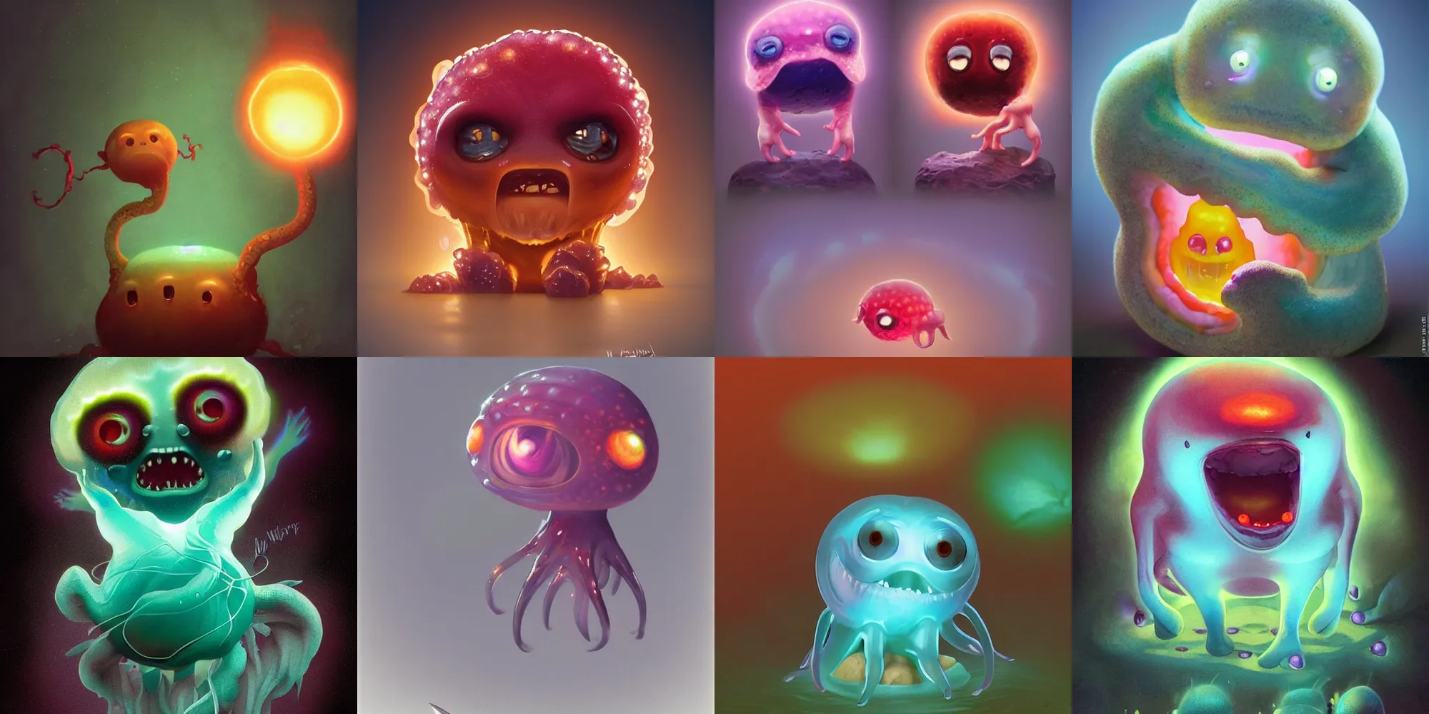 Prompt: cute! awwh! baby lava lamp jelly fish, SSS, reaction diffusion wrinkles, grin, rimlight, dancing, fighting, bioluminescent screaming pictoplasma characterdesign toydesign toy monster creature, artstation, cg society, by greg rutkowski, by William-Adolphe Bouguereau, by zdzisław beksiński, by Peter mohrbacher, by nate hallinan, 8k