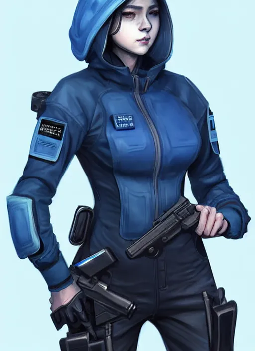 Image similar to full body portrait of a blue techwear uniform witch with guns. detailed face, concept art, digital art, intricate, highly detailed 8 k, smooth, sharp focus, beautiful and aesthetic shape of face and body, artgerm, artstation, art by zexi guo and nira and kafun and gharliera and rinotuna