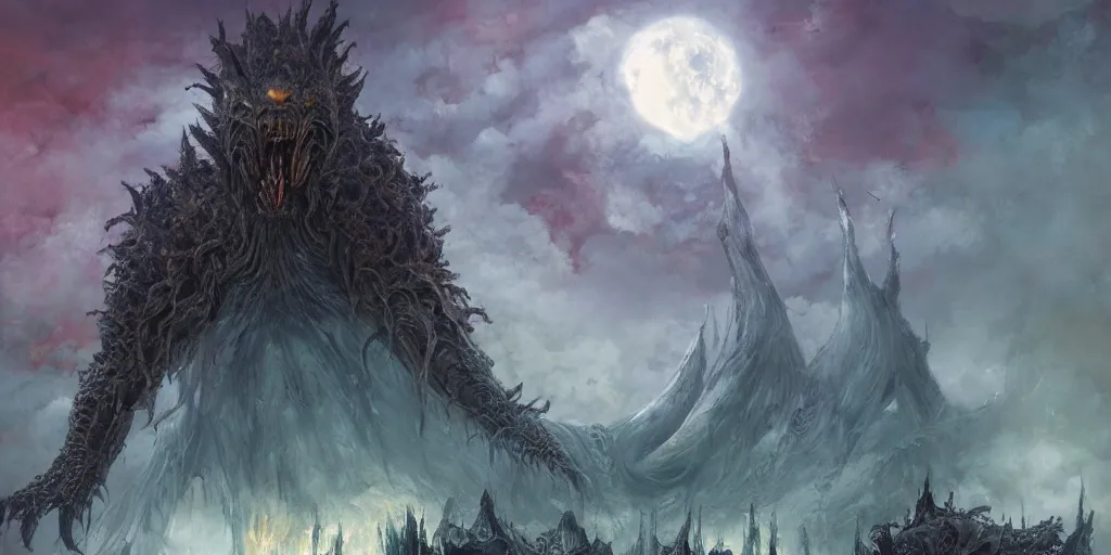 Prompt: concept art of giant kaiju, japanese, lots of teeth, melting horror, round moon, rich clouds, fighting the horrors of the unknown, mirrors, very detailed, volumetric light, mist, grim, fine art, decaying, textured oil over canvas, epic fantasy art, very colorful, ornate, anato finnstark