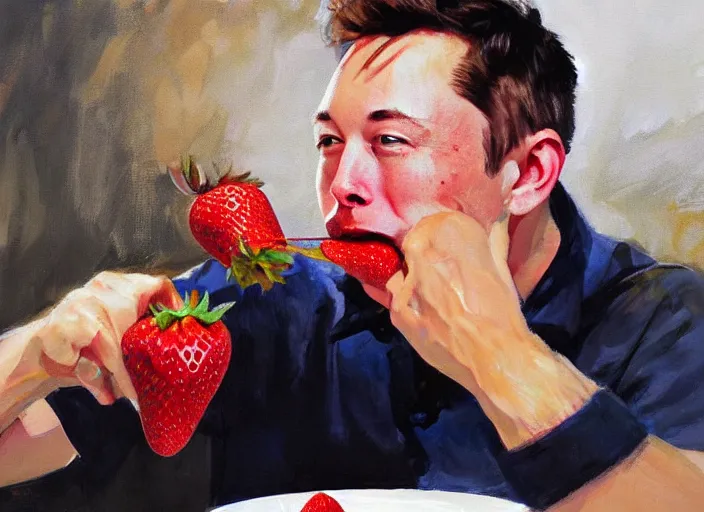 Image similar to a highly detailed beautiful portrait of elon musk eating strawberry, by gregory manchess, james gurney, james jean