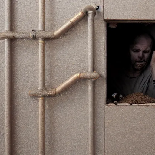 Prompt: close - up of a man is huddled in the corner of a sandy room, a heavy metal door and rusty pipes, sand and smoke are falling, blurred, faded, depth of field, sunny, ultra realistic, very detailed, by nadav kander, 8 k hyper realistic detailed cinematic still