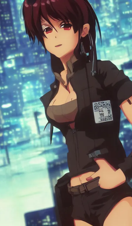 Image similar to anime fine details portrait of Revy in front of cyberpunk moder city landscape on the background deep bokeh, close-up view, anime masterpiece by Studio Ufotable. 8k, sharp high quality anime, artstation