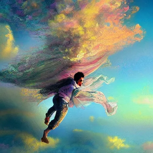 Image similar to arab man with curly hair skydiving, pastel colors, digital painting, impressionist, figurative, intricate details, dreamy, fairylike