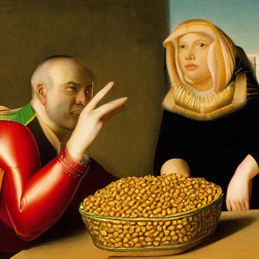 Prompt: painting of crouching Sara Netanyahu throwing peanuts at Benjamin Netanyahu, by Jan Van Eyck