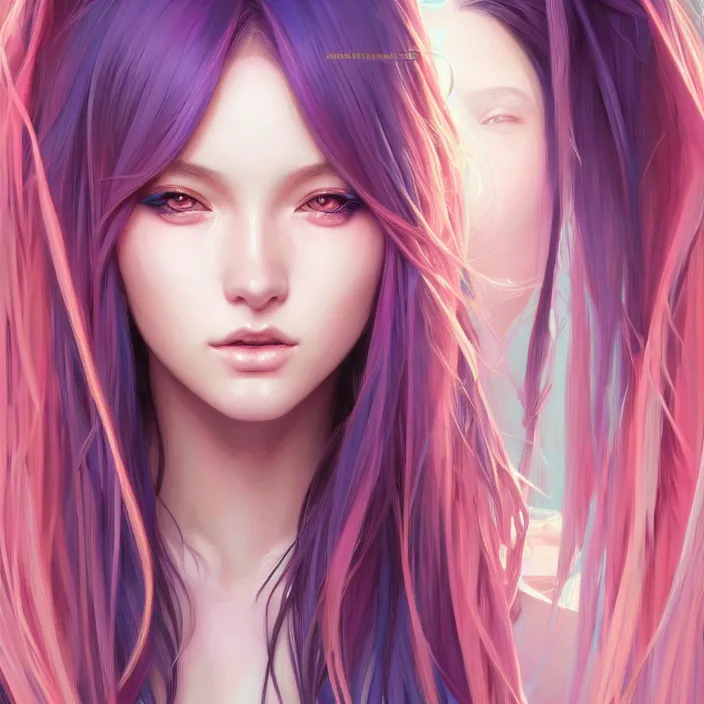 Image similar to portrait of beautiful symmetrical anime girl, rainbow hair, attractive, casual, modern, victoria's secret, highly detailed, digital painting, artstation, concept art, smooth, sharp focus, illustration, art by moebius artgerm, greg rutkowski and alphonse mucha, 8 k,