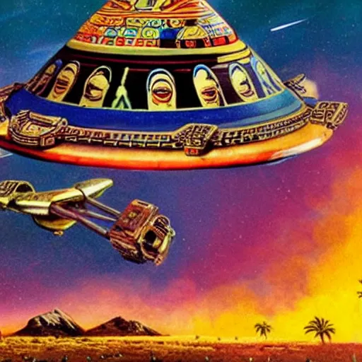 Image similar to aztec art of dan akroyd piloting a ufo, national geographic, history channel