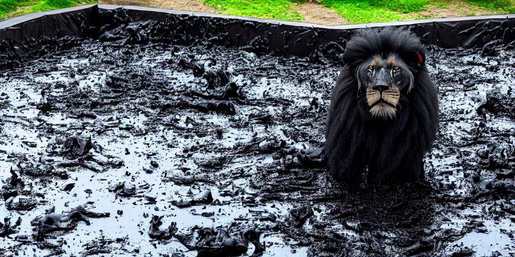 Image similar to the smooth black lion pack, made of smooth black goo, bathing in the black goo moat in the zoo exhibit, viscous, sticky, full of black goo, covered with black goo, splattered black goo, dripping black goo, dripping goo, splattered goo, sticky black goo. photography, dslr, reflections, black goo, zoo, exhibit