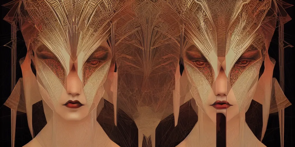 Prompt: breathtaking detailed concept art painting art deco pattern of goth twin faces goddesses amalgamation symmetric, by hsiao - ron cheng, bizarre compositions, exquisite detail, extremely moody lighting, 8 k