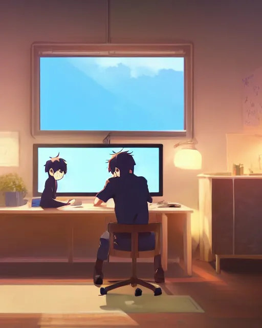 Image similar to a boy and a goldendoodle dog are sitting at a desk in front of a bright computer screen in a bedroom by night, anime concept art, illustrated by Makoto Shinkai, 4k