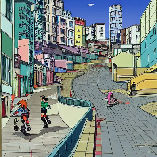 Image similar to city street, sloped street, city on tall hillside, street scene, rollerbladers grinding on rails, skaters, rollerskaters, cel - shading, 2 0 0 1 anime, flcl, jet set radio future, golden hour, japanese town, concentrated buildings, japanese neighborhood, electrical wires, cel - shaded, strong shadows, vivid hues, y 2 k aesthetic