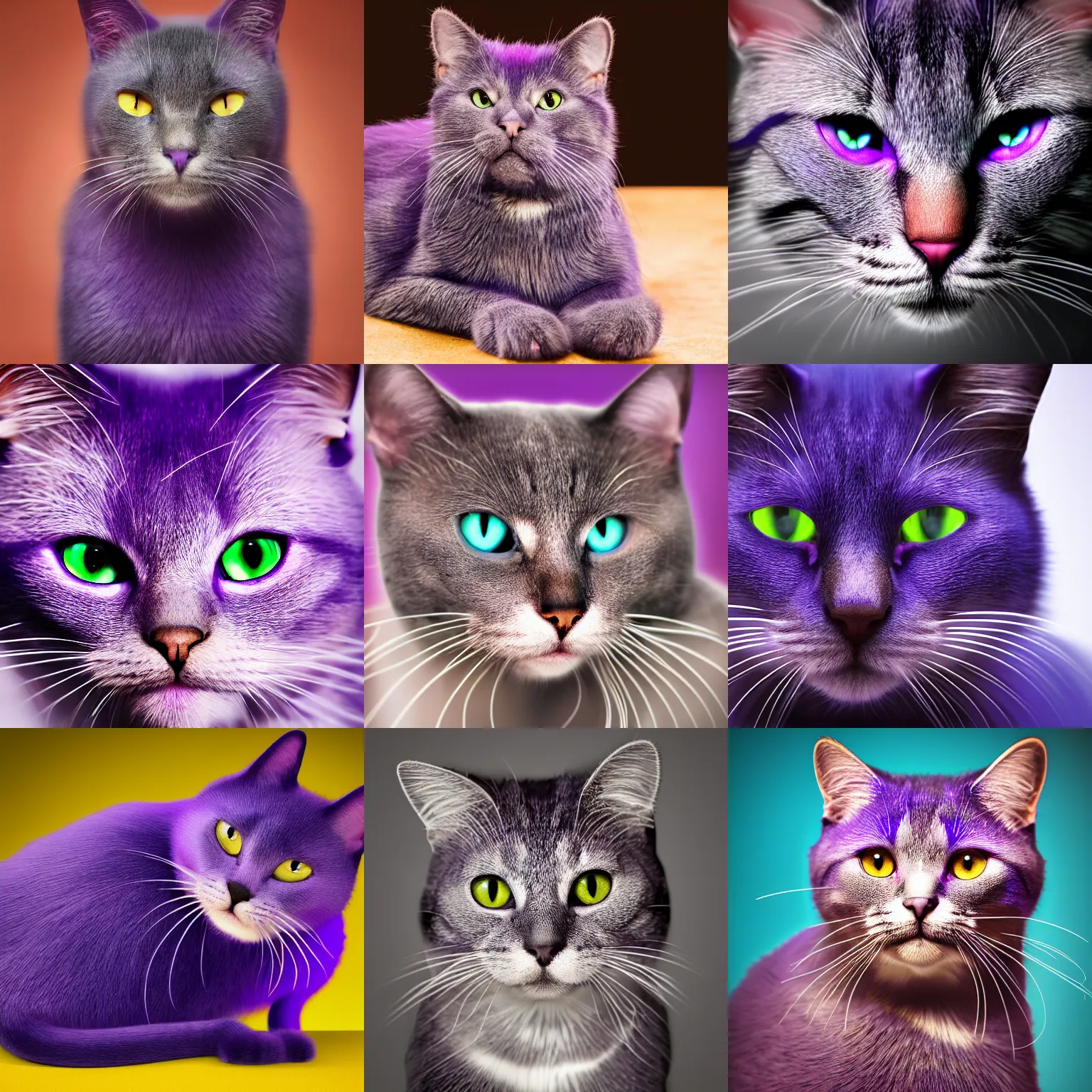 Prompt: purple cat avatar image, 4 k hyperrealistic, studio photography