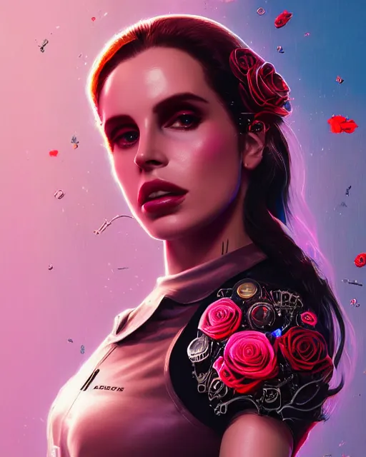 Prompt: portrait of lana del rey as a cyberpunk cyborg. sci - fi intricate abstract upper body intricate artwork, roses, rose petals by tooth wu, wlop, beeple, dan mumford. concept art, octane render, trending on artstation, greg rutkowski, asymmetrical, cinematic arthouse, key art, hyper realism, iridescent accents