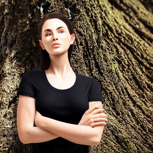 Image similar to clear photorealistic mockup product photograph of a blank black tshirt on an attractive female model in front of a nature background - h 7 0 4