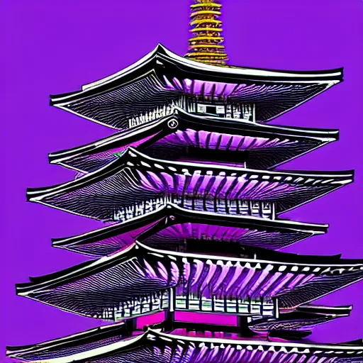 Prompt: Futuristic Pagoda Shrine in Tokyo megapolis in style of Tsutomu Nihei in purple and black tones. ArtStation, Cyberpunk, vertical symmetry, 8K, Highly Detailed, Intricate, Album Art.