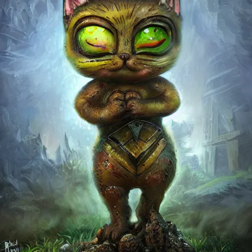 Image similar to rescue from the underworld, shadows of the past, The Mekanik Doll, chubby moss kitten, by jeff easley and Dylan Kowalski, highly detailed, digital painting, HDRI, by vivid colors, high contrast, 8k resolution, intricate, beautiful and thematically complex, smooth