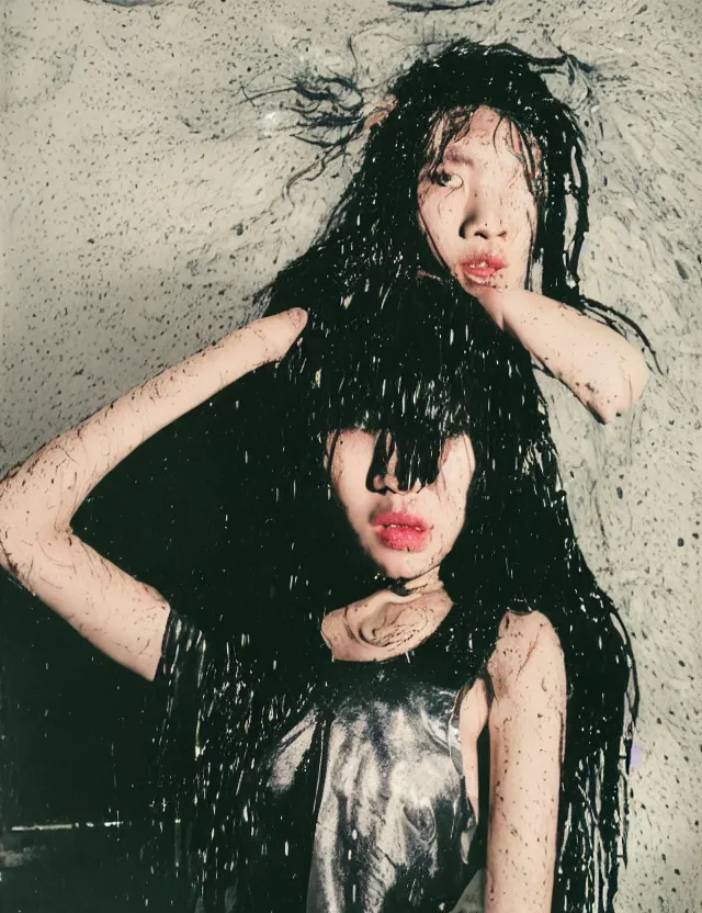 Prompt: polaroid photo with flash, portrait of a asian woman with glossy wet skin and wet hair in style of matrix, vinyl clothes on, dressed, bleached strong lights, kodak film stock, hyper real, stunning moody cinematography, with anamorphic lenses, by maripol, detailed