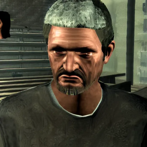 Image similar to game screenshot of Ted Kaczynski inside Ico, ps2 graphics