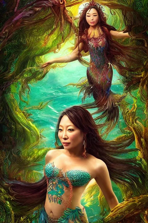 Image similar to a beautiful portrait of ming - na wen as a mermaid in a river of the amazon, ayahuasca, fantasy art, highly detailed, matte painting, visionary art