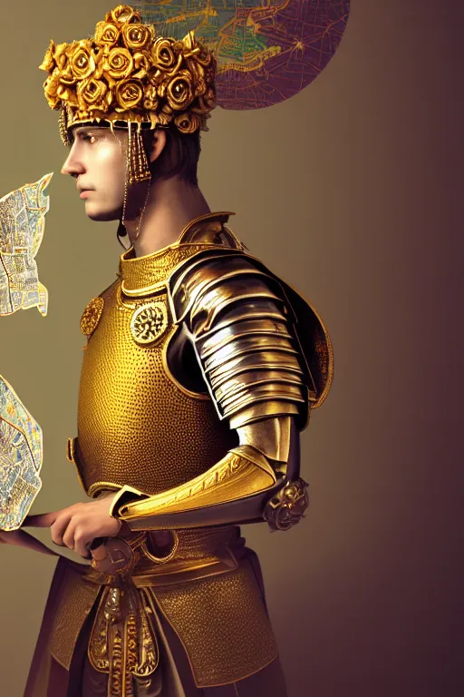 Image similar to hyperdetailed matte illustration of a knight wearing an ornate gold headpiece and holding a flower with a map of the collective subconscious in the background by octane render