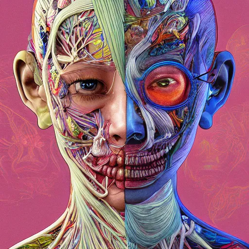 Image similar to the anatomical face of a ridiculously beautiful and pretty woman partially made of onion rings of all colors looking up, an ultrafine detailed illustration by james jean, final fantasy, intricate linework, bright colors, behance contest winner, vanitas, angular, altermodern, unreal engine 5 highly rendered, global illumination, radiant light, detailed and intricate environment