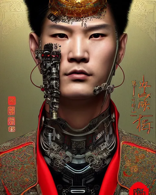 Image similar to portrait of a male cyberpunk machine, machine face, upper half portrait, decorated with chinese opera motifs, asian, fine china, wuxia, traditional chinese art, intricate, elegant, highly detailed, symmetry, headpiece, digital painting, artstation concept art smooth sharp focus, illustration, art by artgerm and greg rutkowski alphonse mucha 8 k