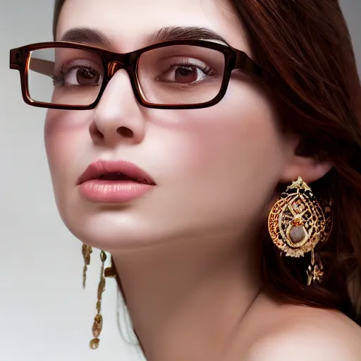 Prompt: Red-brown hair silk skin glasses cute girl small nose bridge pale eyebrows, balayage, natural make-up, luxurious ornate golden jewelry, earrings, low cut dress, dynamic lighting, award winning photo shoot, intricately detailed, glimmering, shining, photo realistic, cinematic, volumetric lighting, fashion portrait, 8K UHD