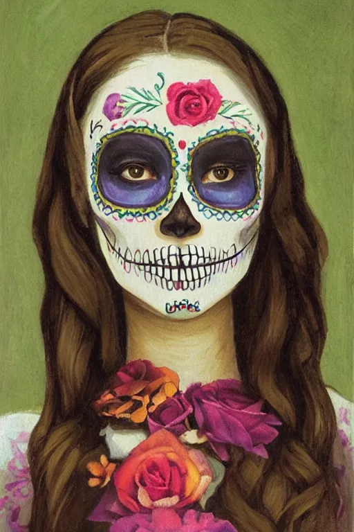 Prompt: Illustration of a sugar skull day of the dead girl, art by daniel garber