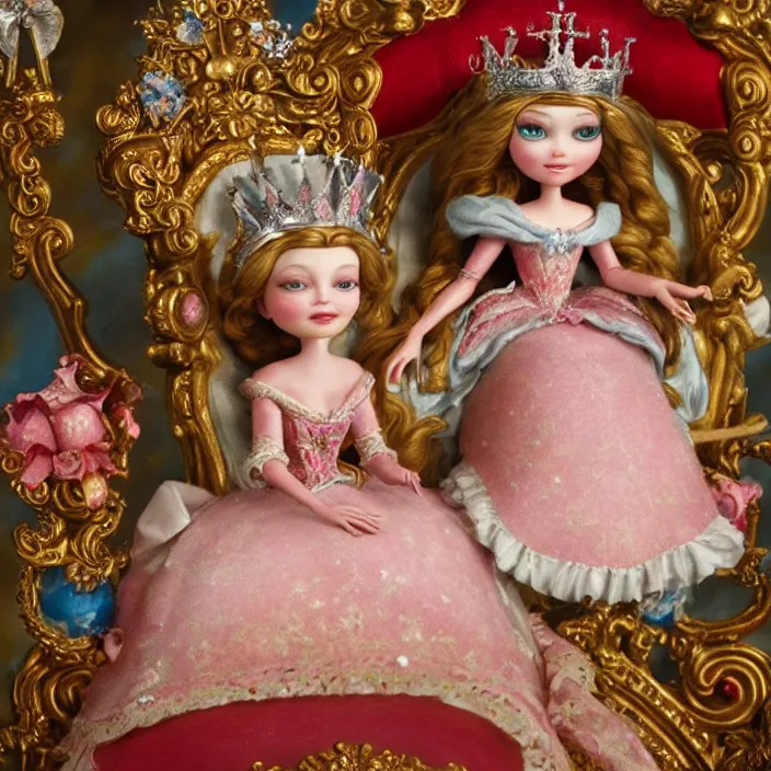 Image similar to highly detailed closeup, portrait of a tin toy fairytale princess sitting on a throne wearing a crown eating cakes, unreal engine, nicoletta ceccoli, mark ryden, earl norem, lostfish, global illumination, detailed and intricate environment