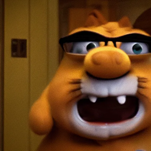 Image similar to garfield in a found footage horror movie, dark, scary