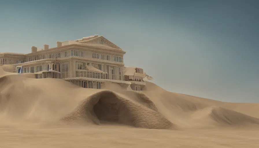 Image similar to white house under tons of sand, sandstorm, sand dunes, hyperdetailed, artstation, cgsociety, 8 k