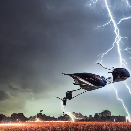 Image similar to futuristic flying car in surrounded by a circle made of lightning, in the sky, thunderstorm at night, 28mm dramatic photo