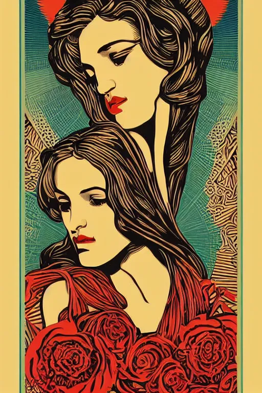 Prompt: Shepard Fairey poster of a Greek Goddess posed in profile, she has beautiful bone structure and long hair. Eyes closed. highly detailed, ornate, Art Deco