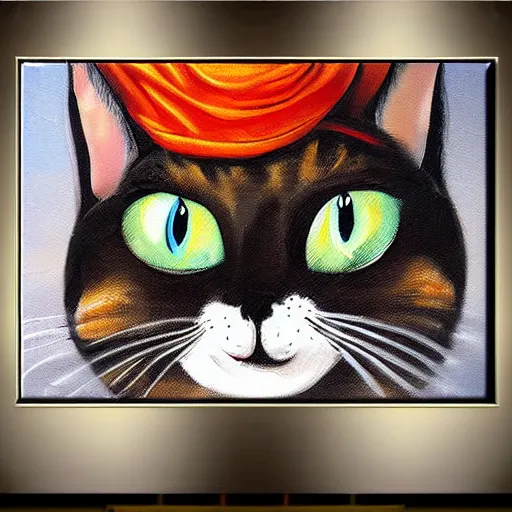 Image similar to canvas painting of cat monk cartoon, front view, eyes closed, omm