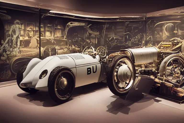 Image similar to cyberpunk 1 9 2 6 bugatti type 3 5, volumetric lighting, in a museum, museum exhibit, museum lighting, 9 0 s film photo